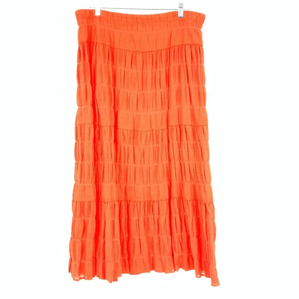 Max Studio A-Line Midi Skirt Womens Sz XL Red Orange Elastic Waist Gauzy NEW